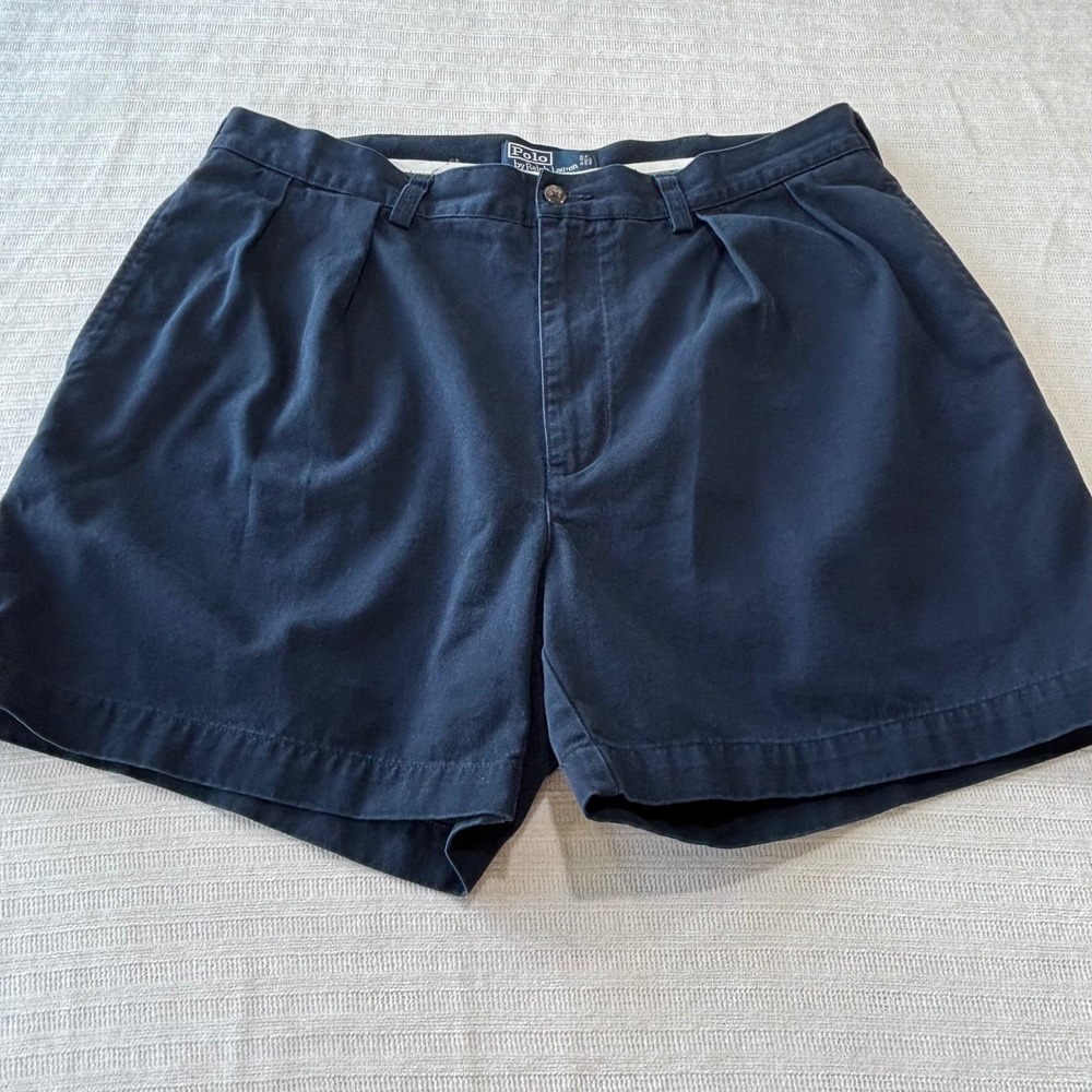 VTG Polo Ralph Lauren Andrew Short 36 Navy Blue Pleated Chino Cotton 6in Inseam